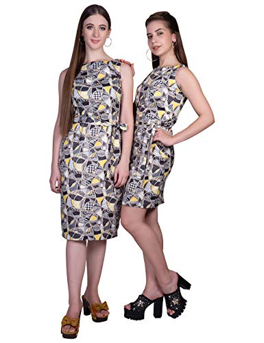 ORZEL Geometrical Printed Shift Dress Cap Sleeves Long Length Latest Women Western Dresses Knee Length (Geometrical Print)