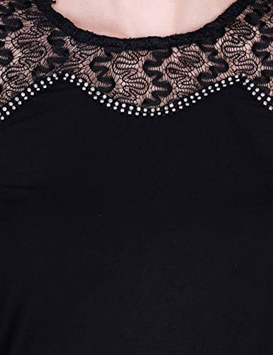 ORZEL Round Neck Studded Lace Full Sleeves Fitted Top ( Black)