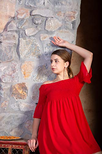 ORZEL Red Smoking Off Shoulder Blouse Dress Latest Stylish Women Western Dresses Above Knee Length (Red)