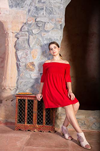 ORZEL Red Smoking Off Shoulder Blouse Dress Latest Stylish Women Western Dresses Above Knee Length (Red)
