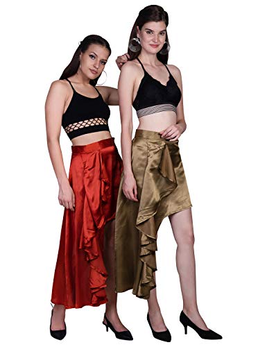 ORZEL Girls/Women’s Satin Asymmetrical Ruffle Skirt Latest Women Western Short Dresses (Rust Orange)