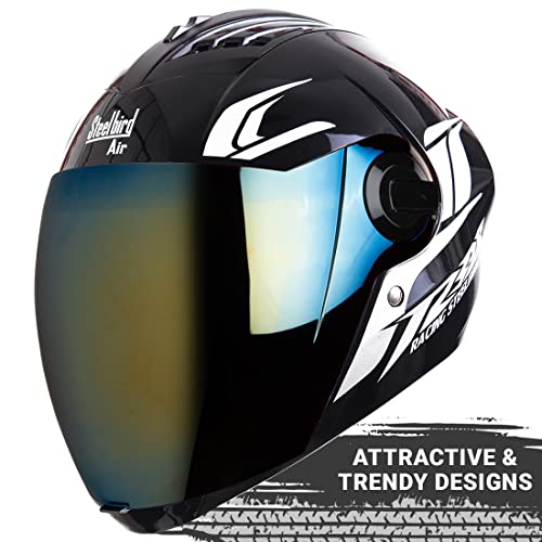 Steelbird SBA-2 Moon ISI Certified  Full Face Graphic Helmet for Men and Women Fitted with Clear Visor (Dashing Black with Chrome Gold Visor)