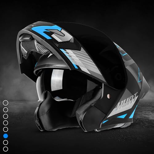 Steelbird SBA-20 Hunt ISI Certified Flip-Up Graphic Helmet for Men and Women with Inner Smoke Sun Shield (Matt Black Jazz Blue with Black Spoiler and Smoke Visor)