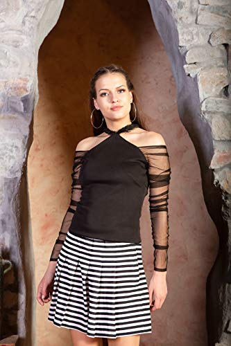 ORZEL Girls Stripe Knife Pleated Skirt Short Length Front Zip Fly with Snap Button Latest Women Western Short Dresses (Black/White Stripe)