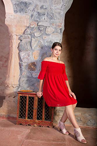 ORZEL Red Smoking Off Shoulder Blouse Dress Latest Stylish Women Western Dresses Above Knee Length (Red)