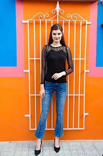ORZEL Round Neck Studded Lace Full Sleeves Fitted Top ( Black)