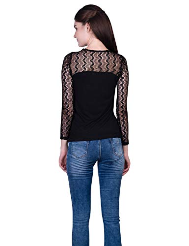 ORZEL Round Neck Studded Lace Full Sleeves Fitted Top ( Black)