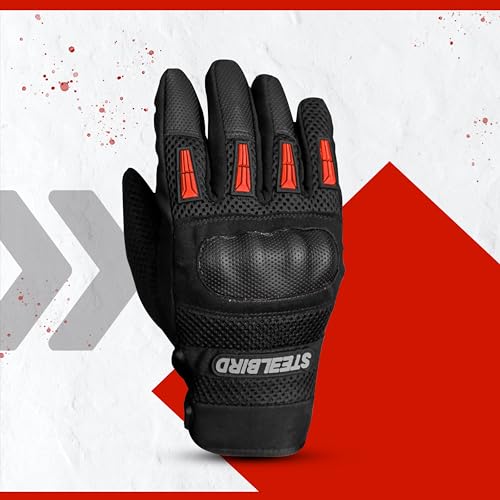 Steelbird Khardungla Full Finger Bike Riding Gloves with Touch Screen Sensitivity at Thumb and Index Finger, Protective Off-Road Motorbike Racing (Red)