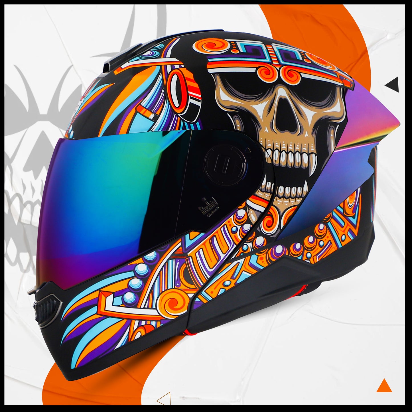 Steelbird SBA-8 Hunt ISI Certified Flip-Up Graphic Helmet for Men and Women with Inner Smoke Sun Shield (Glossy Black Orange with Rainbow Spoiler and Chrome Rainbow Visor)