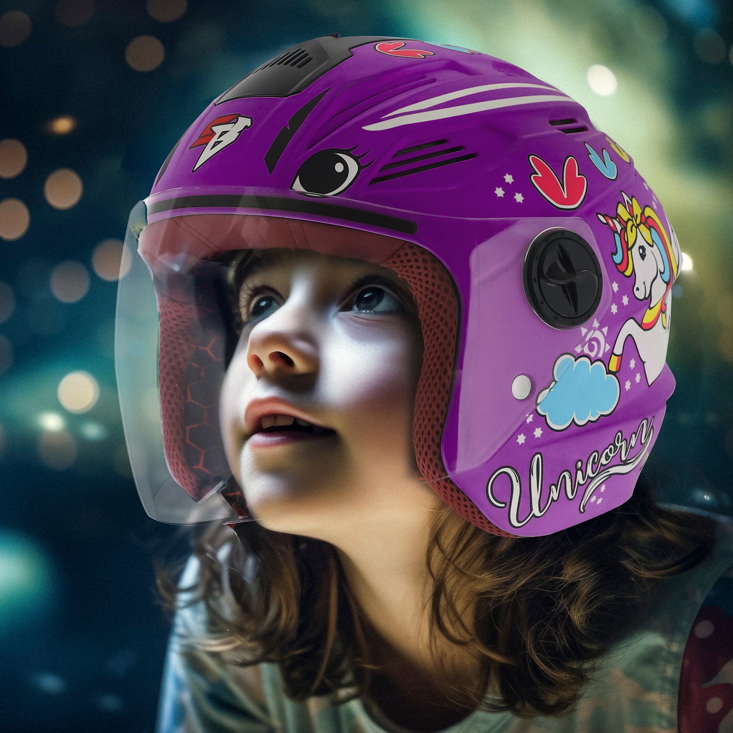 Steelbird SBA-6 Unicorn ISI Certified Open Face Graphic Helmet for Women and Kids (Matt Voilet with Clear Visor)