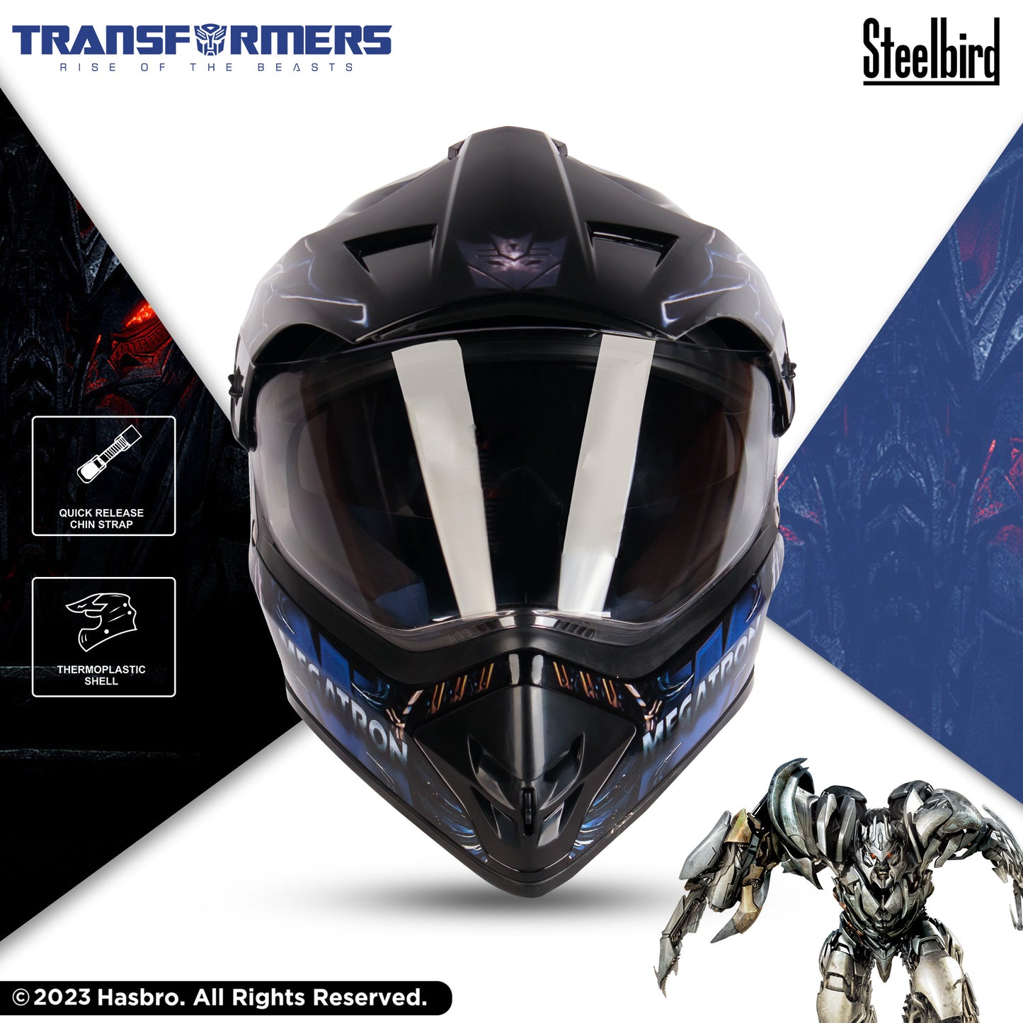 Steelbird SBH-13 Transformers Megatron ISI Certified Off Road Full Face Graphic Helmet for Men and Women ( Glossy Black Grey with Inner Sun Shield)