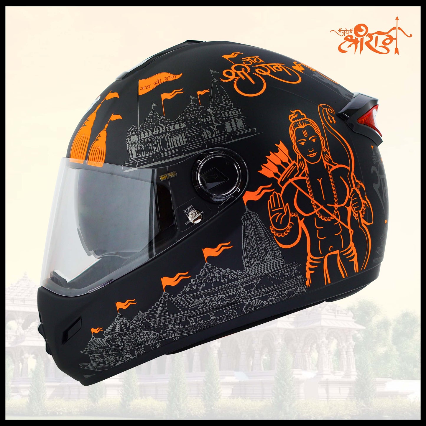 Steelbird SBH-34 Jai Shree Ram Reflective ISI Certified Full Face Graphic Helmet for Men and Women (Glossy Black with Inner Smoke Sun Shield)