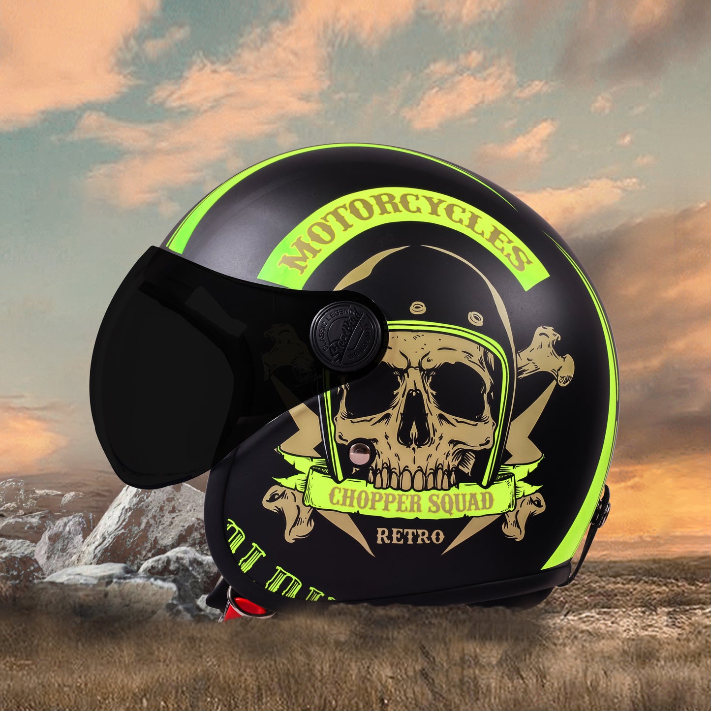 Steelbird SBH-54 Chopper Squad ISI Certified Open Face Helmet for Men and Women (Glossy Black Neon)