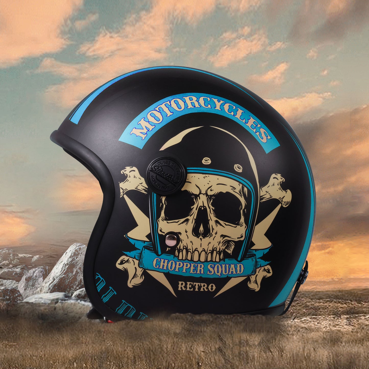 Steelbird SBH-55 Chopper Squad ISI Certified Open Face Helmet for Men and Women (Glossy Black Blue)