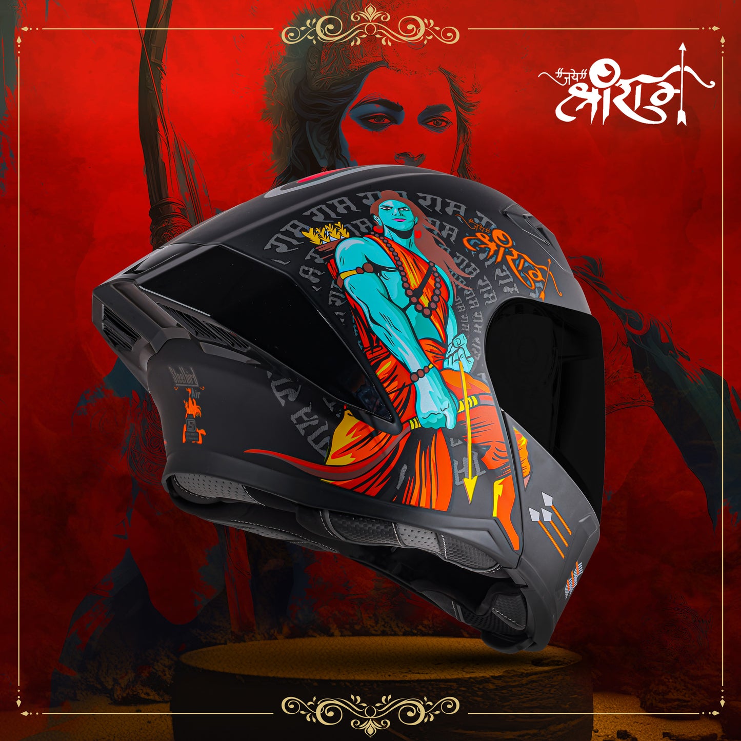 Steelbird SBA-20 Jai Shree Ram ISI Certified Flip-Up Helmet for Men and Women (Glossy Black Orange with Smoke Visor)
