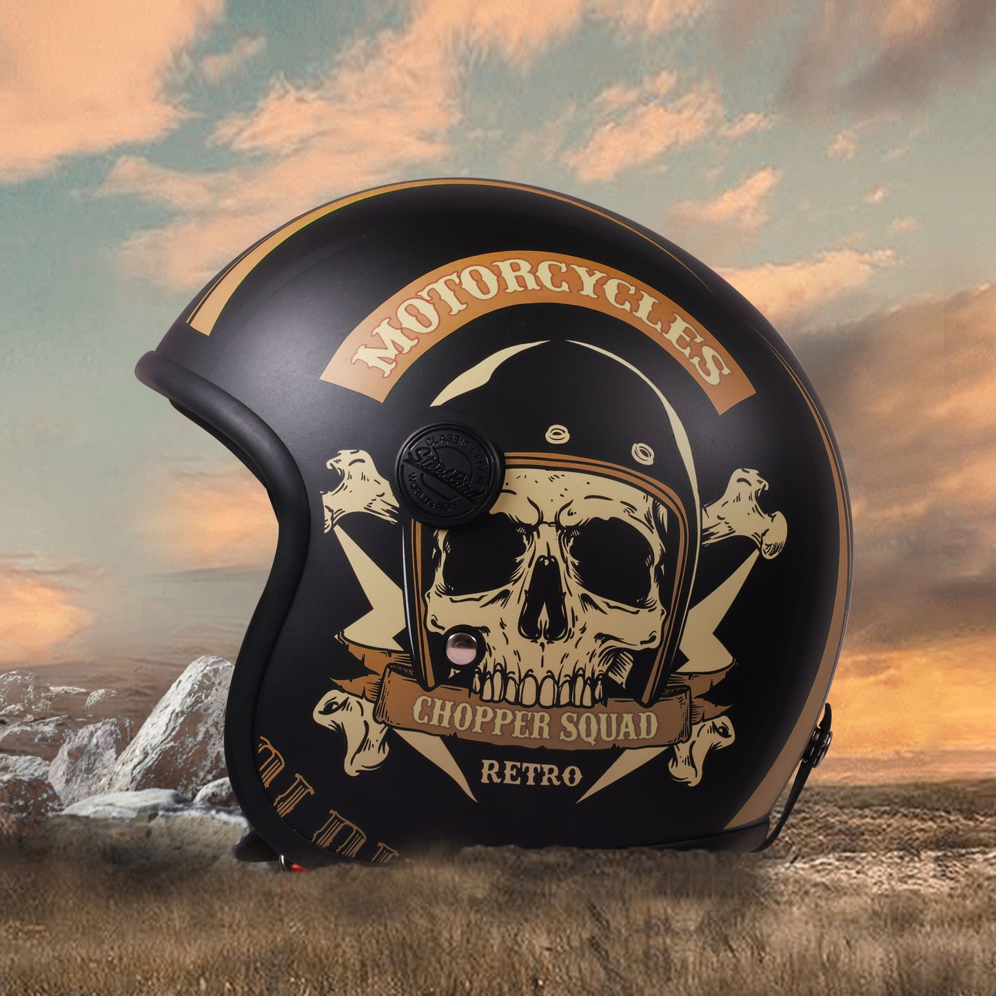 Steelbird SBH-55 Chopper Squad ISI Certified Open Face Helmet for Men and Women (Glossy Black Gold)