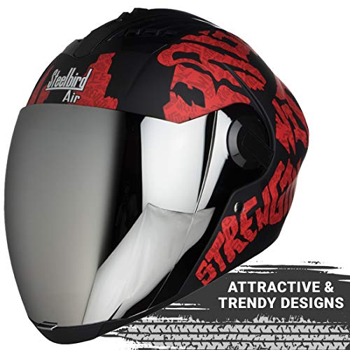 Steelbird SBA-2 Strength ISI Certified Full Face Graphic Helmet for Men and Women Fitted with Clear Visor (Matt Black Red with Chrome Silver Visor)