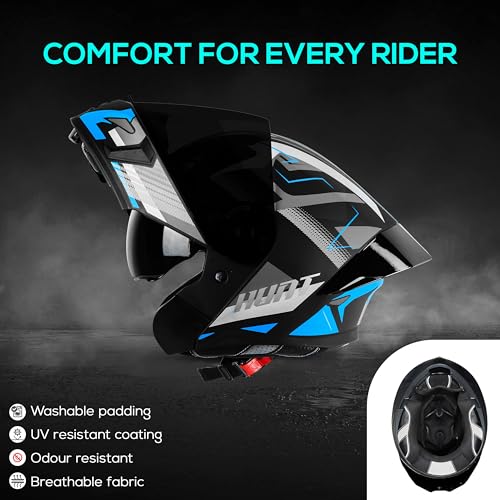 Steelbird SBA-20 Hunt ISI Certified Flip-Up Graphic Helmet for Men and Women with Inner Smoke Sun Shield (Matt Black Jazz Blue with Black Spoiler and Smoke Visor)