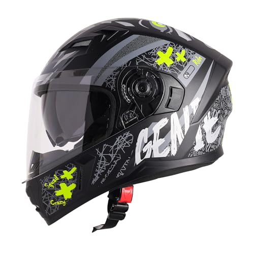 Steelbird SBA-21 Genie ISI Certified Full Face Graphic Helmet for Men and Women with Inner Smoke Sun Shield (Glossy Black Neon)