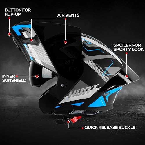 Steelbird SBA-20 Hunt ISI Certified Flip-Up Graphic Helmet for Men and Women with Inner Smoke Sun Shield (Matt Black Jazz Blue with Black Spoiler and Smoke Visor)