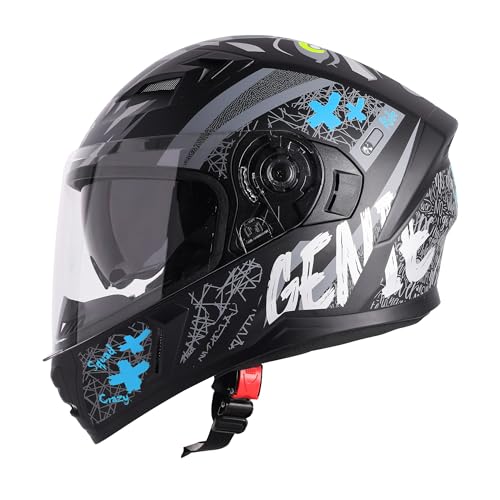 Steelbird SBA-21 Genie ISI Certified Full Face Graphic Helmet for Men and Women with Inner Smoke Sun Shield (Glossy Black Jazz Blue)