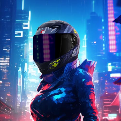 Steelbird SBA-21 Genie ISI Certified Full Face Graphic Helmet for Men and Women with Inner Smoke Sun Shield (Glossy Black Neon)