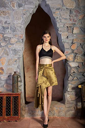 ORZEL Girls/Women’s Satin Asymmetrical Ruffle Skirt Latest Women Western Short Dresses (Olive Green)