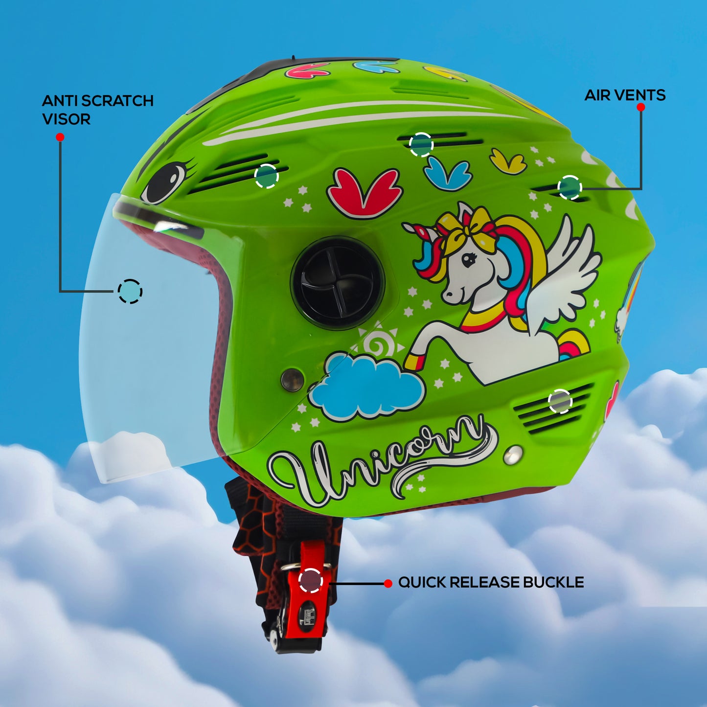 Steelbird SBA-6 Unicorn ISI Certified Open Face Graphic Helmet for Women and Kids (Matt Green with Clear Visor)