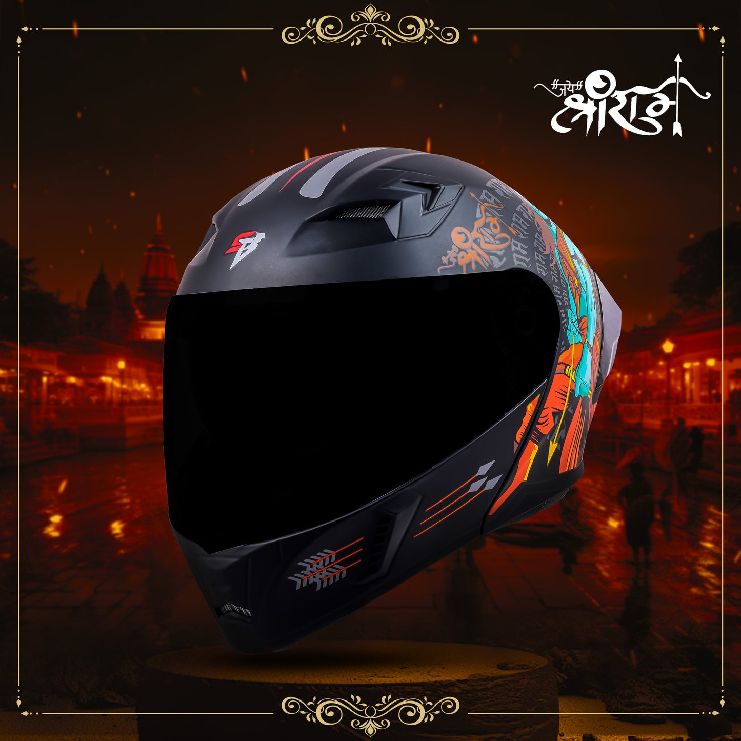 Steelbird SBA-20 Jai Shree Ram ISI Certified Flip-Up Helmet for Men and Women (Glossy Black Orange with Smoke Visor)