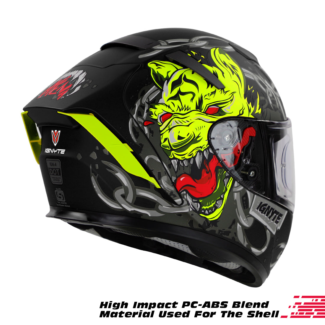 Ignyte IGN-4 Hyena ISI/DOT Certified Full Face Graphic Helmet with Outer Anti-Fog Clear Visor and Inner Smoke Sun Shield