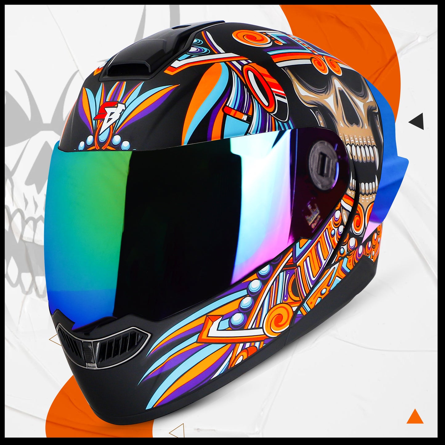 Steelbird SBA-8 Hunt ISI Certified Flip-Up Graphic Helmet for Men and Women with Inner Smoke Sun Shield (Glossy Black Orange with Rainbow Spoiler and Chrome Rainbow Visor)