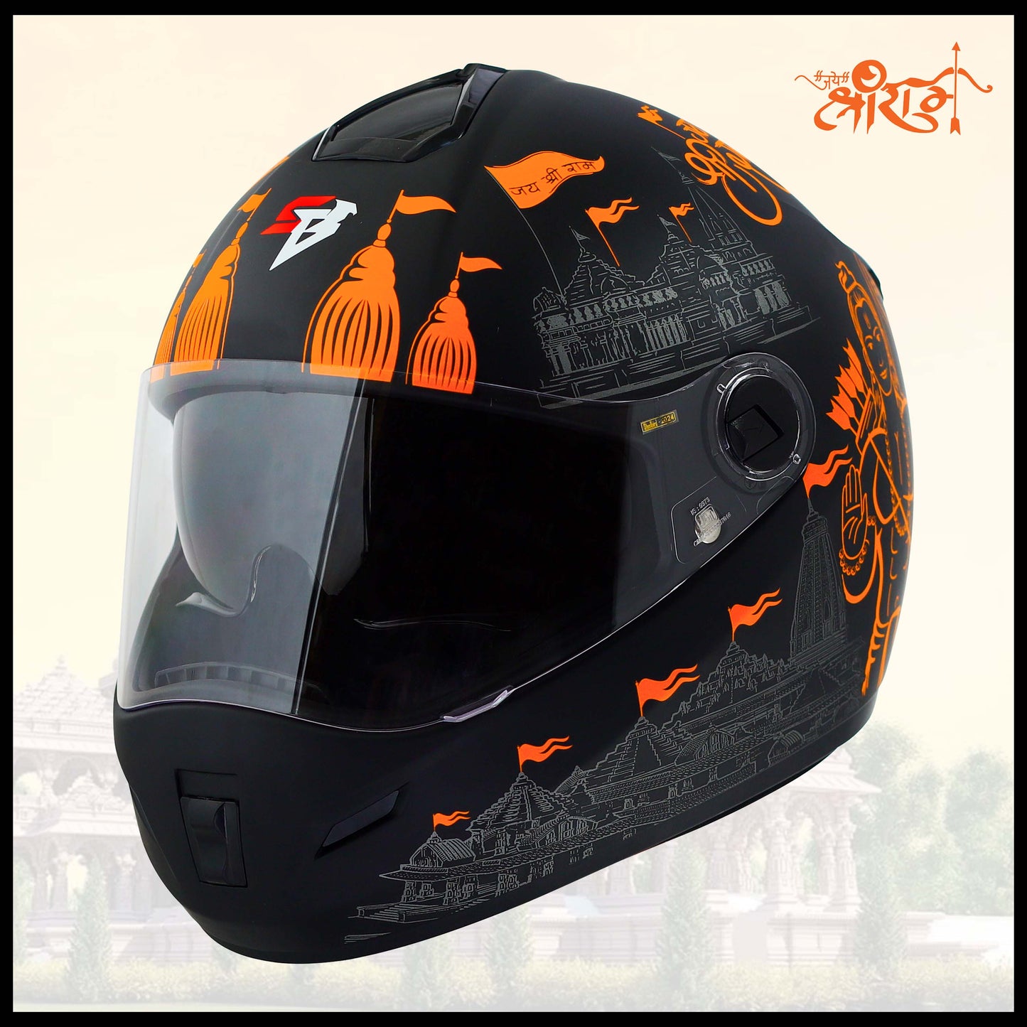 Steelbird SBH-34 Jai Shree Ram Reflective ISI Certified Full Face Graphic Helmet for Men and Women (Glossy Black with Inner Smoke Sun Shield)