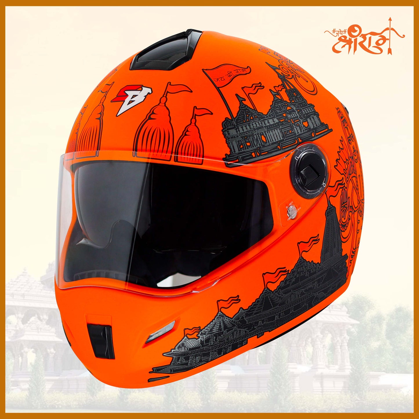 Steelbird SBH-34 Jai Shree Ram Reflective ISI Certified Full Face Graphic Helmet for Men and Women with Inner Smoke Sun Shield