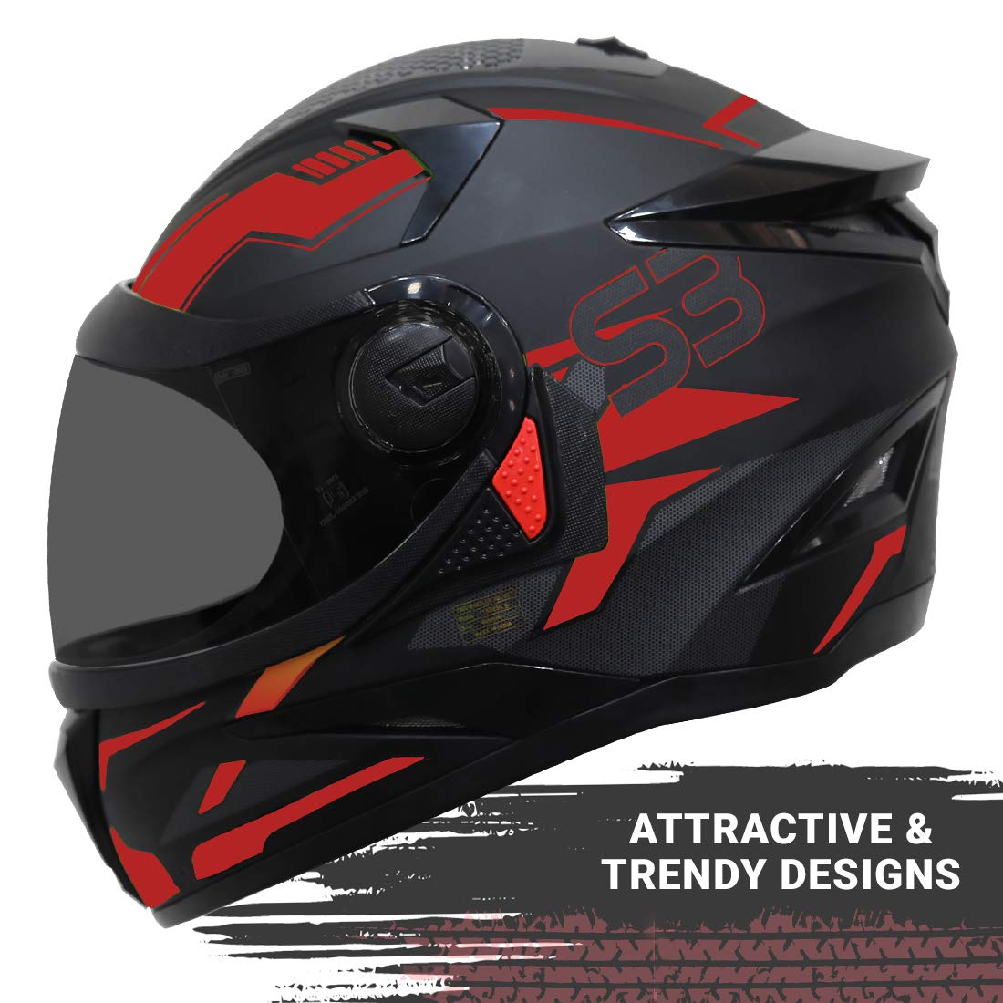 Steelbird SBH-17 Terminator ISI Certified Full Face Graphic Helmet for Men and Women (Matt Black Red Fitted with Clear Visor and Extra Smoke Visor)