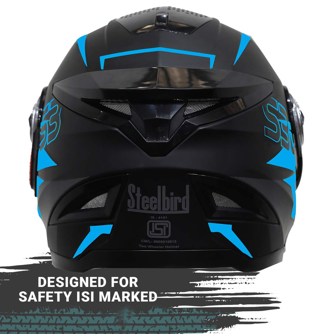 Steelbird SBH-17 Terminator ISI Certified Full Face Graphic Helmet for Men and Women (Matt Black Fluo Blue with Chrome Rainbow Visor)