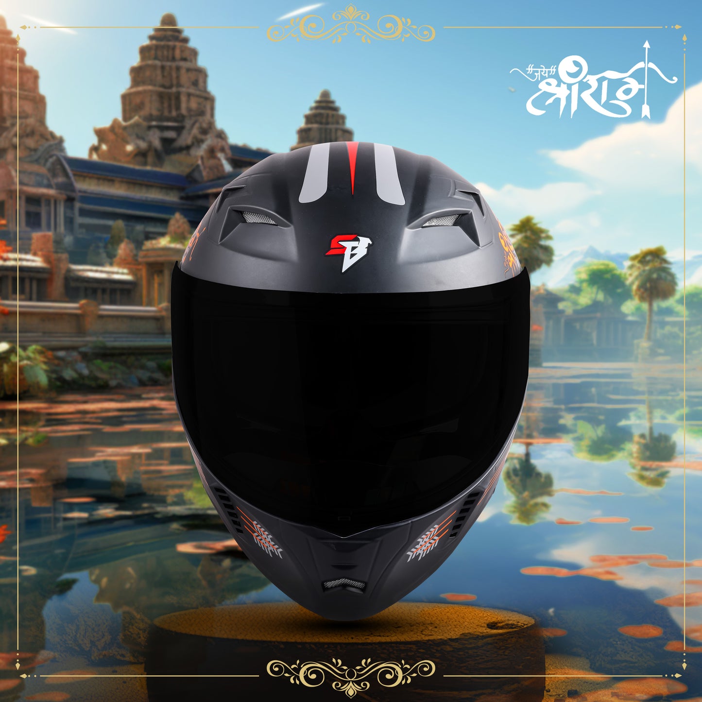 Steelbird SBA-20 Jai Shree Ram ISI Certified Flip-Up Helmet for Men and Women (Glossy Black Orange with Smoke Visor)