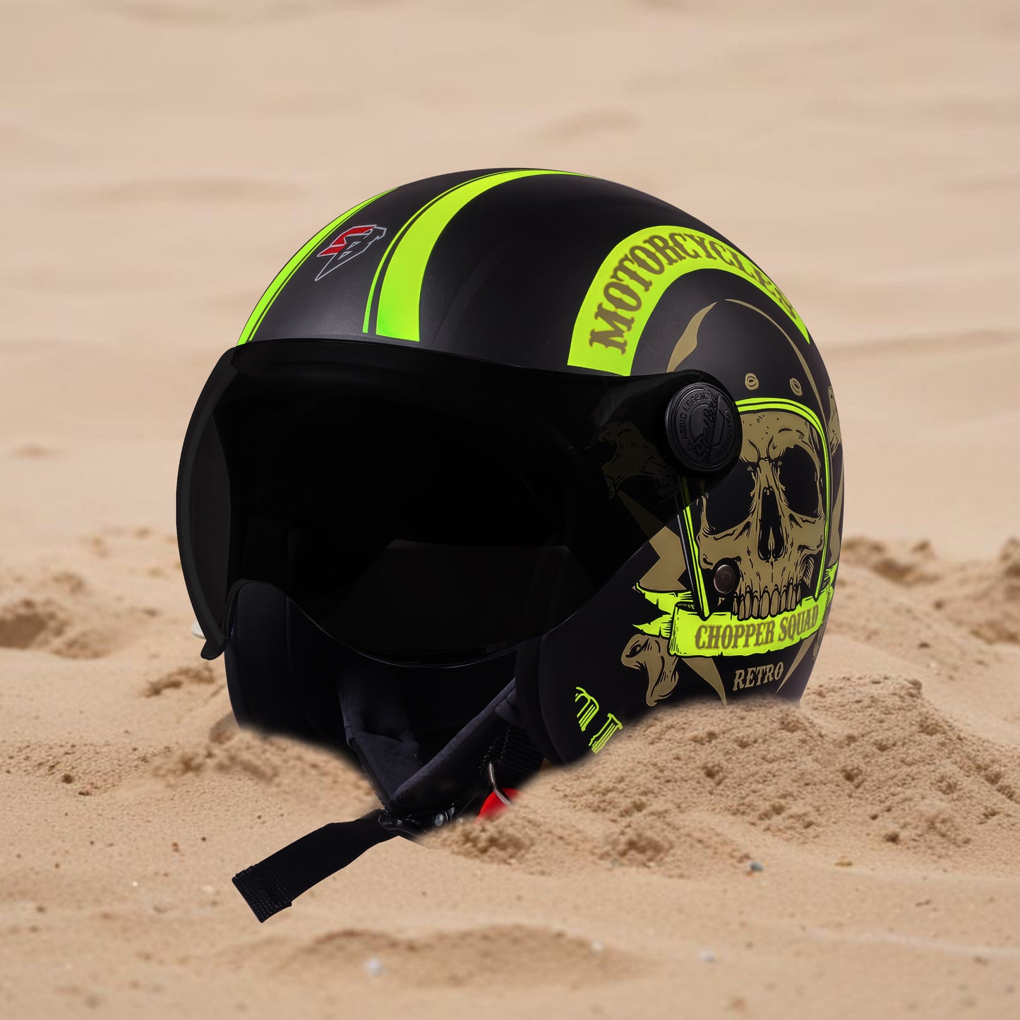 Steelbird SBH-54 Chopper Squad ISI Certified Open Face Helmet for Men and Women (Glossy Black Neon)