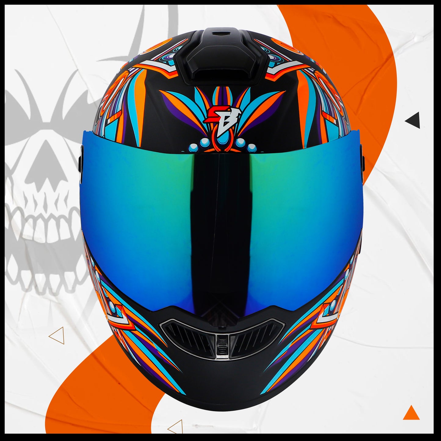 Steelbird SBA-8 Hunt ISI Certified Flip-Up Graphic Helmet for Men and Women with Inner Smoke Sun Shield (Glossy Black Orange with Rainbow Spoiler and Chrome Rainbow Visor)