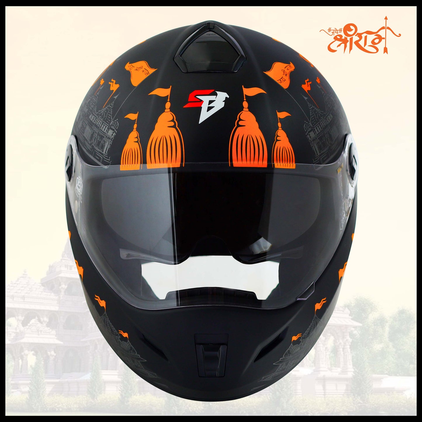 Steelbird SBH-34 Jai Shree Ram Reflective ISI Certified Full Face Graphic Helmet for Men and Women (Glossy Black with Inner Smoke Sun Shield)