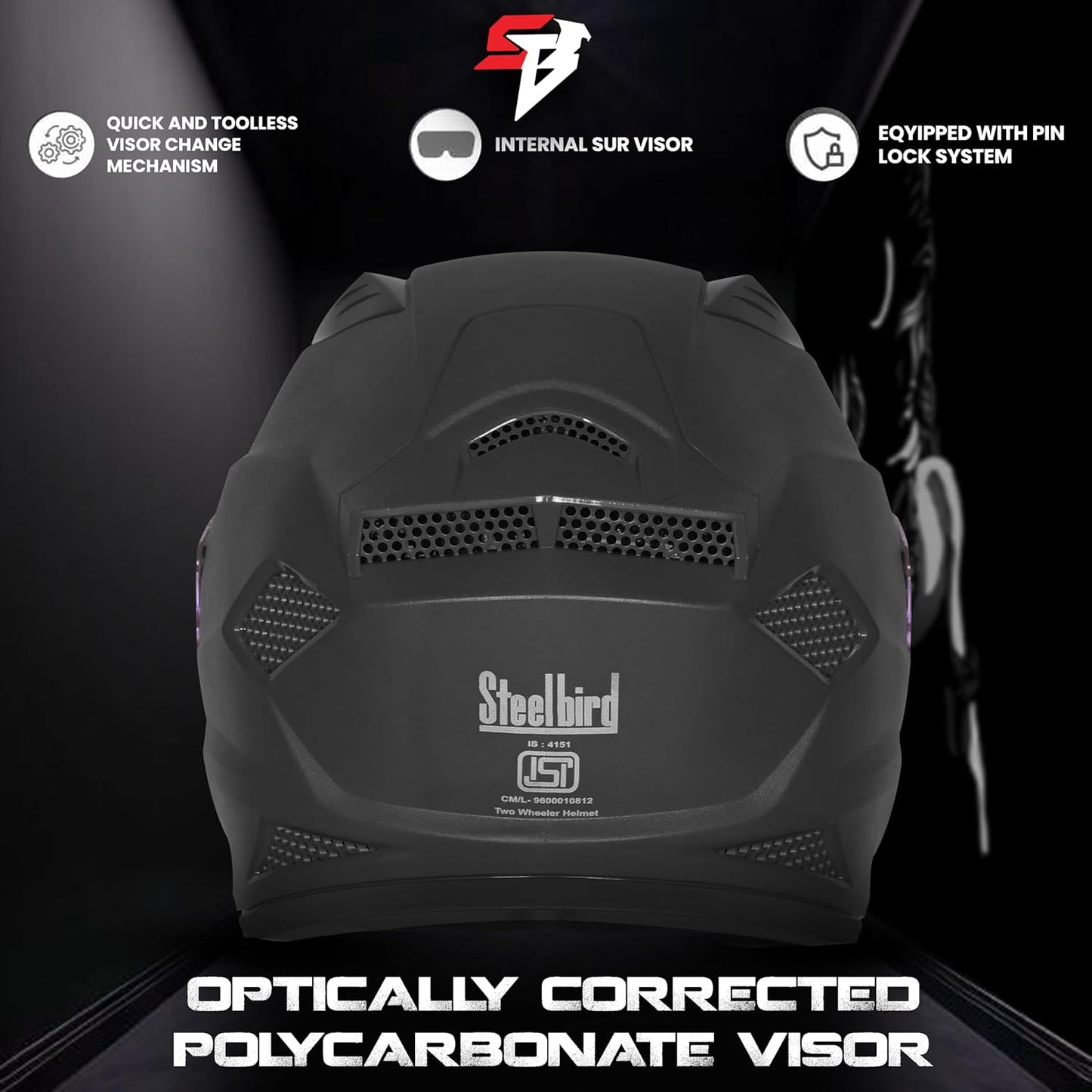 Steelbird SBH-25 Rudra ISI Certified Full Face Helmet for Men and Women with Inner Smoke Sun Shield (Dashing Black)
