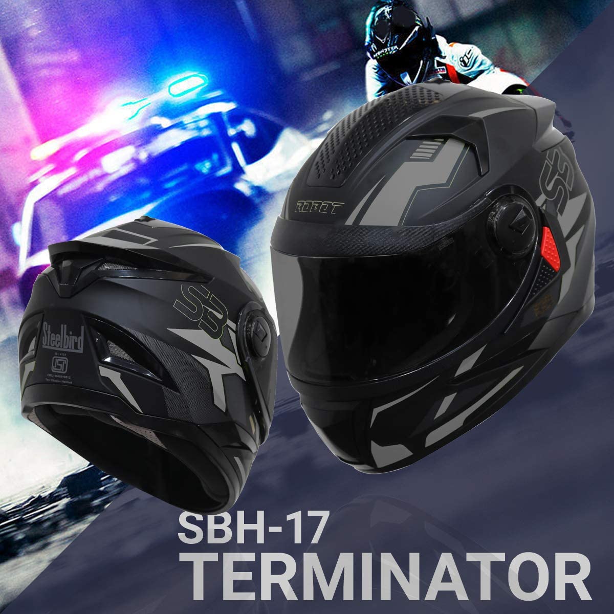 Steelbird SBH-17 Terminator ISI Certified Full Face Graphic Helmet for Men and Women (Matt Black Grey with Smoke Visor)