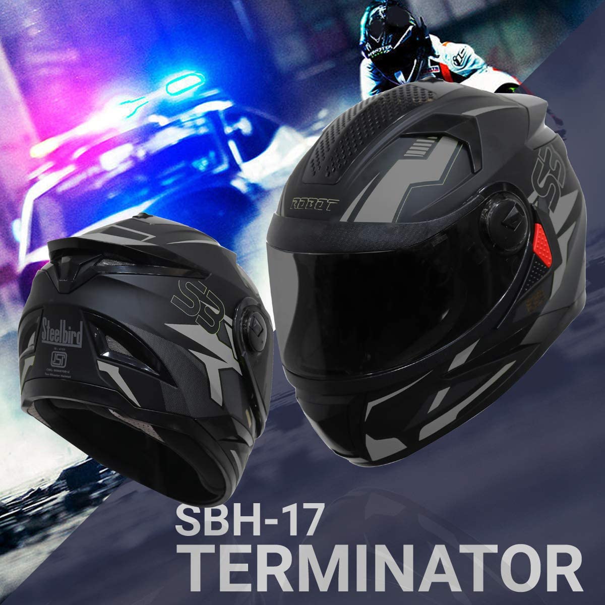 Steelbird SBH-17 Terminator ISI Certified Full Face Graphic Helmet (Matt Black Grey with Clear Visor)