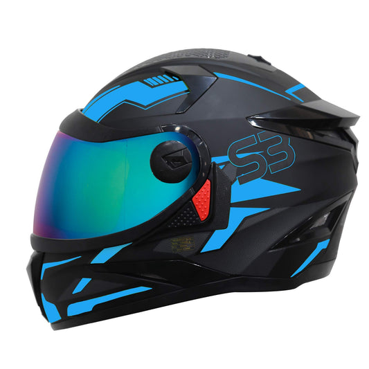 Steelbird SBH-17 Terminator ISI Certified Full Face Graphic Helmet for Men and Women (Matt Black Fluo Blue with Chrome Rainbow Visor)