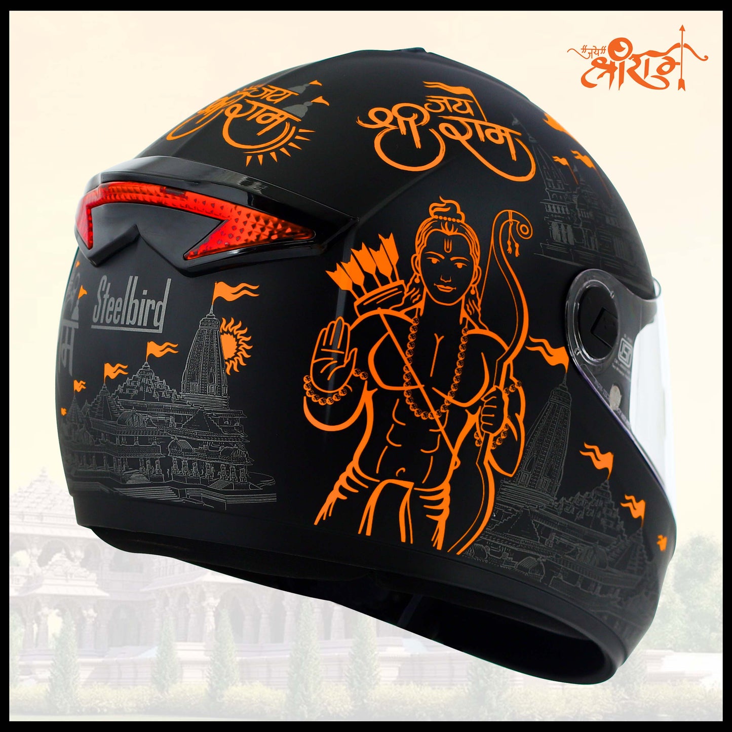 Steelbird SBH-34 Jai Shree Ram Reflective ISI Certified Full Face Graphic Helmet for Men and Women (Glossy Black with Inner Smoke Sun Shield)