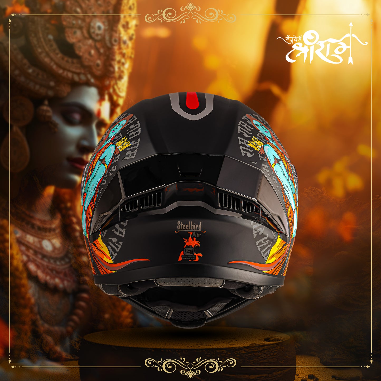 Steelbird SBA-20 Jai Shree Ram ISI Certified Flip-Up Helmet for Men and Women (Glossy Black Orange with Smoke Visor)