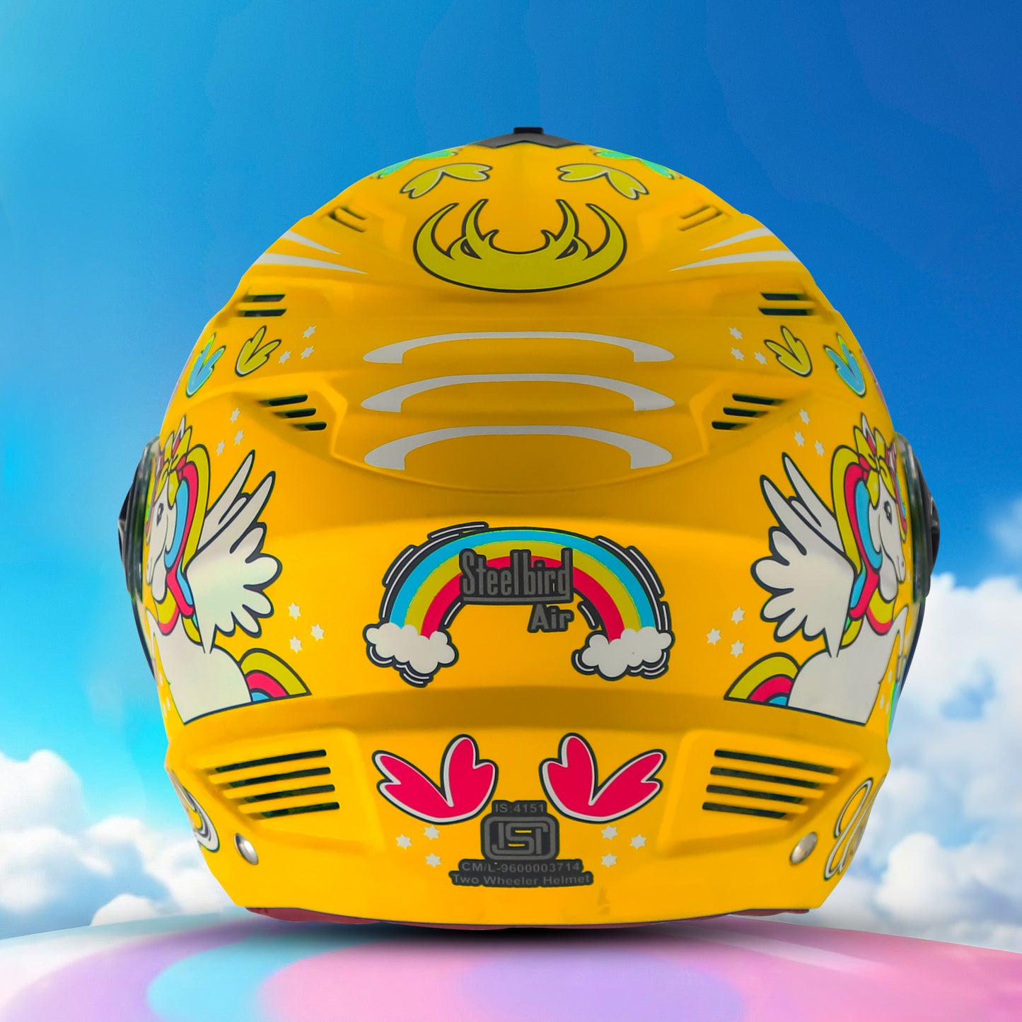 Steelbird SBA-6 Unicorn ISI Certified Open Face Graphic Helmet for Women and Kids (Matt Yellow with Clear Visor)