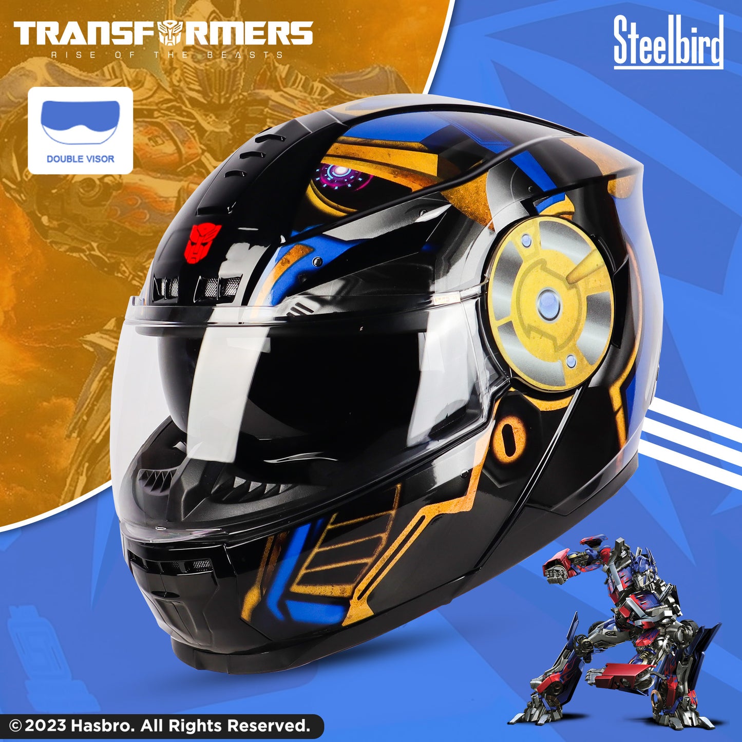 Steelbird SBH-40 Transformers Optimus Prime ISI Certified Full Face Graphic Helmet for Men and Women with Inner Smoke Sun Shield (Matt Black Gold)