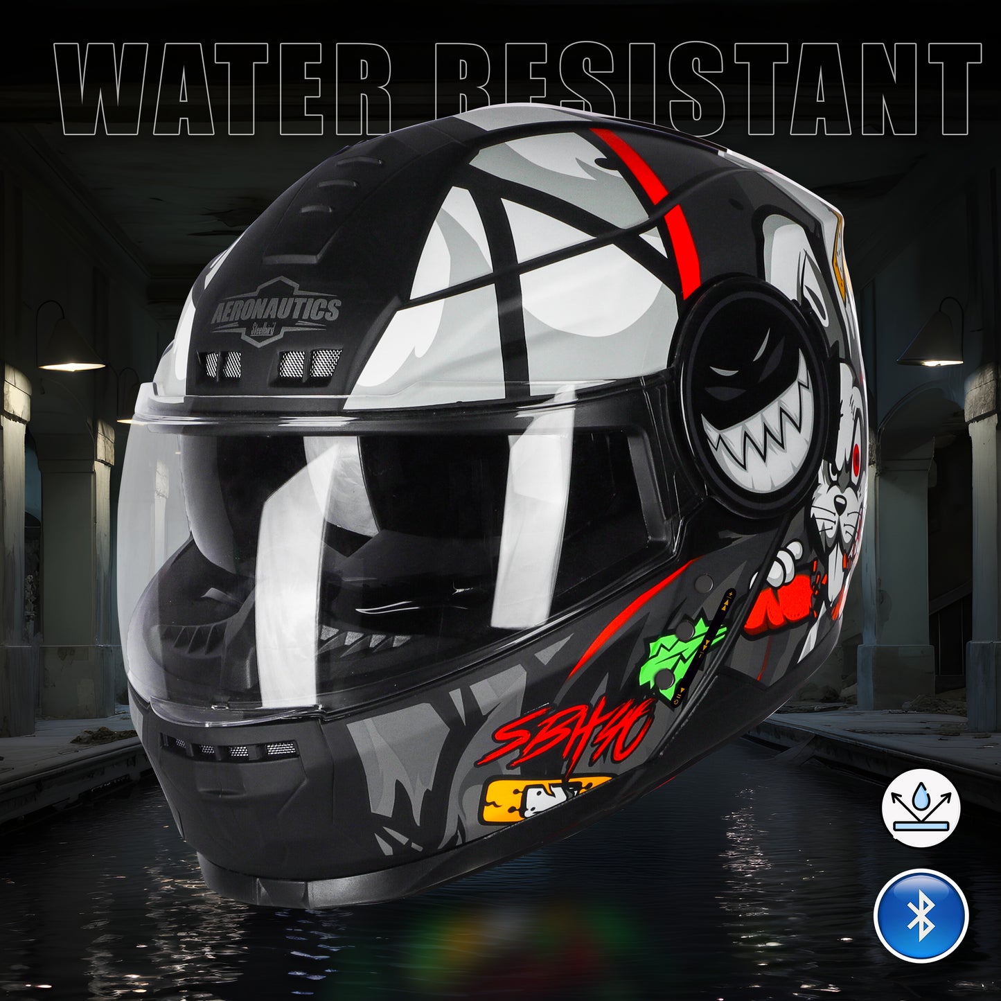 Steelbird Crazy Doe Bluetooth Full Face ISI Certified Graphic Helmet for Men with Inner Smoke Sun Shield | SBH-40 7Wings (Glossy Black Grey)