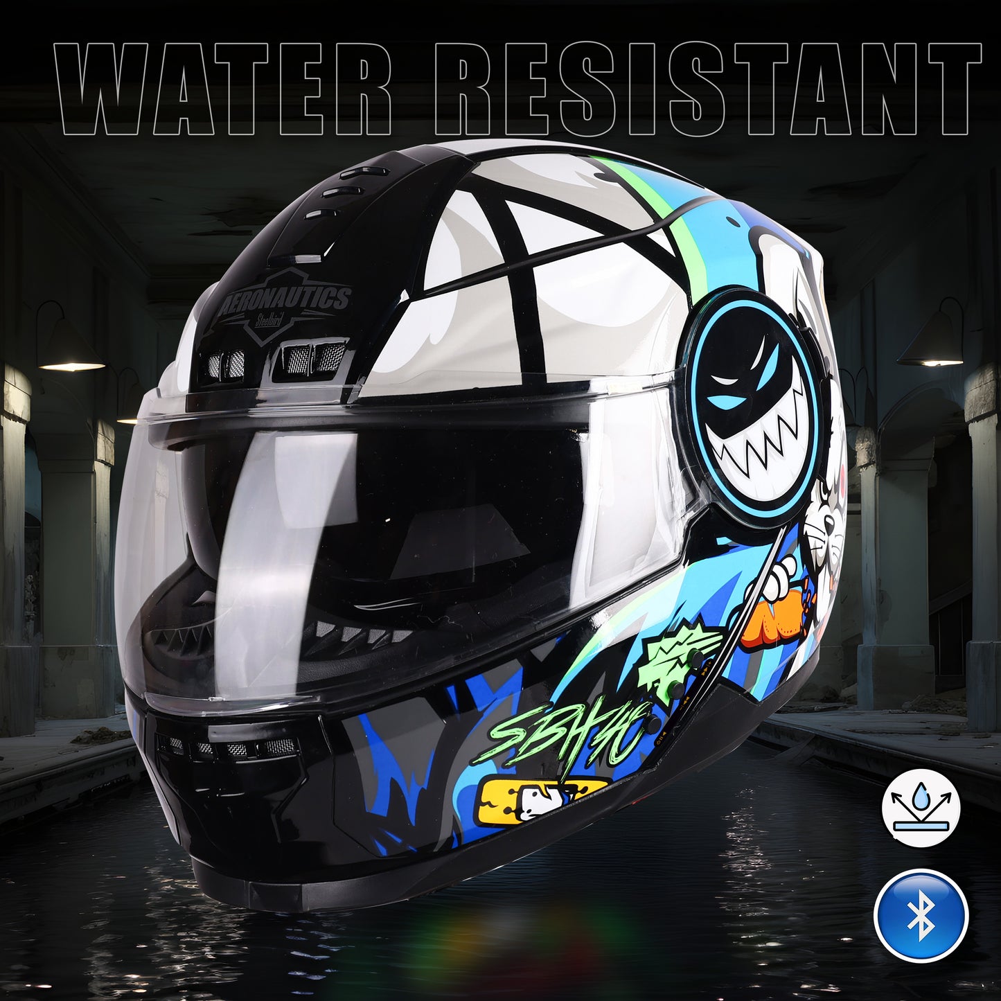 Steelbird Crazy Doe Bluetooth Full Face ISI Certified Graphic Helmet for Men with Inner Smoke Sun Shield | SBH-40 7Wings (Glossy Black Blue)