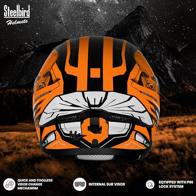 Steelbird SBA-20 Strange ISI Certified Flip-Up Graphic Helmet for Men and Women (Glossy Black Orange)